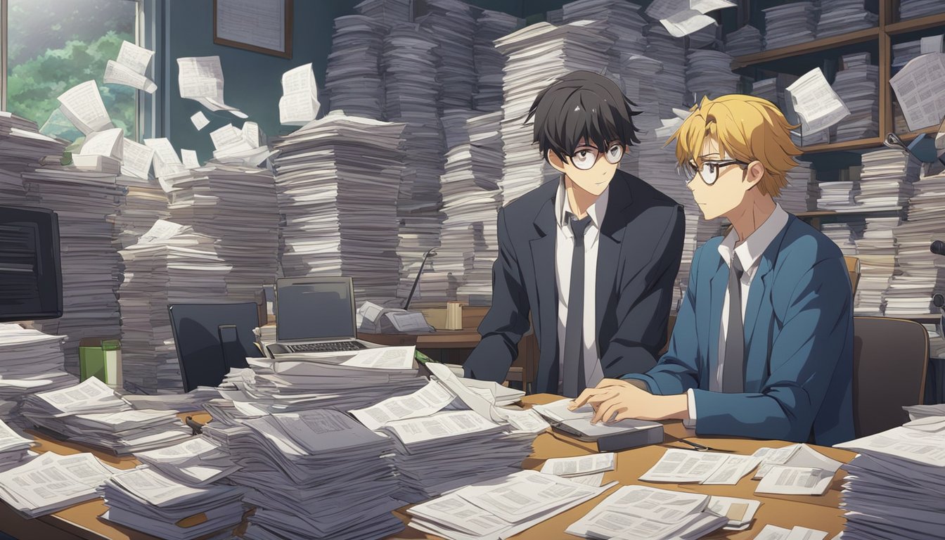 A journalist interviews a source, surrounded by piles of research and notes, while cameras and microphones capture the intense discussion