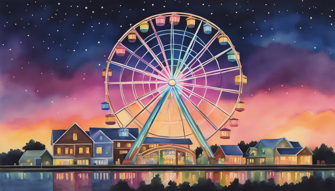 A brightly lit ferris wheel spins against a night sky, casting a colorful glow over the surrounding area.</p><p>The intricate design and towering height create a sense of excitement and wonder