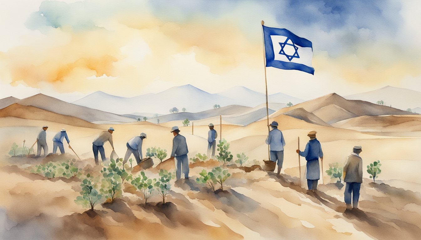 A group of people planting trees in a barren land, with a flag bearing the Star of David flying in the background