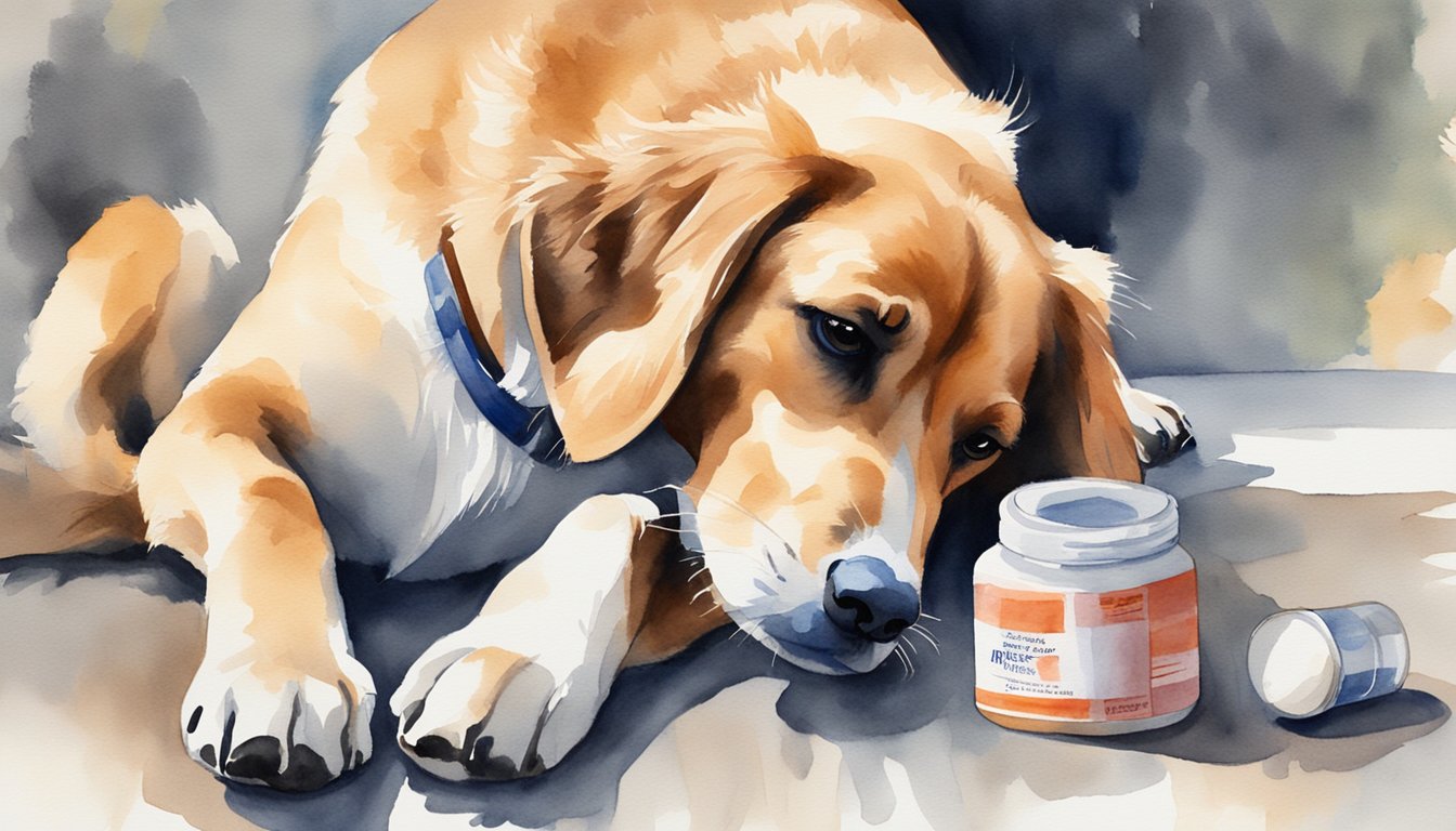 A dog scratching furiously, with a look of discomfort on its face, while a bottle of anti-itch medicine sits nearby