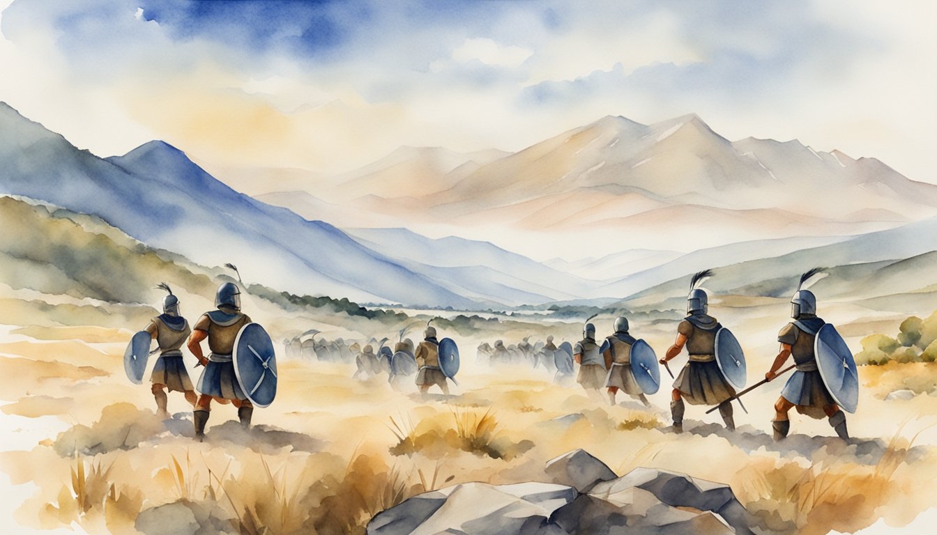 Spartan warriors training in formation, with strict discipline and focus.</p><p>The landscape is rugged, with mountains in the background