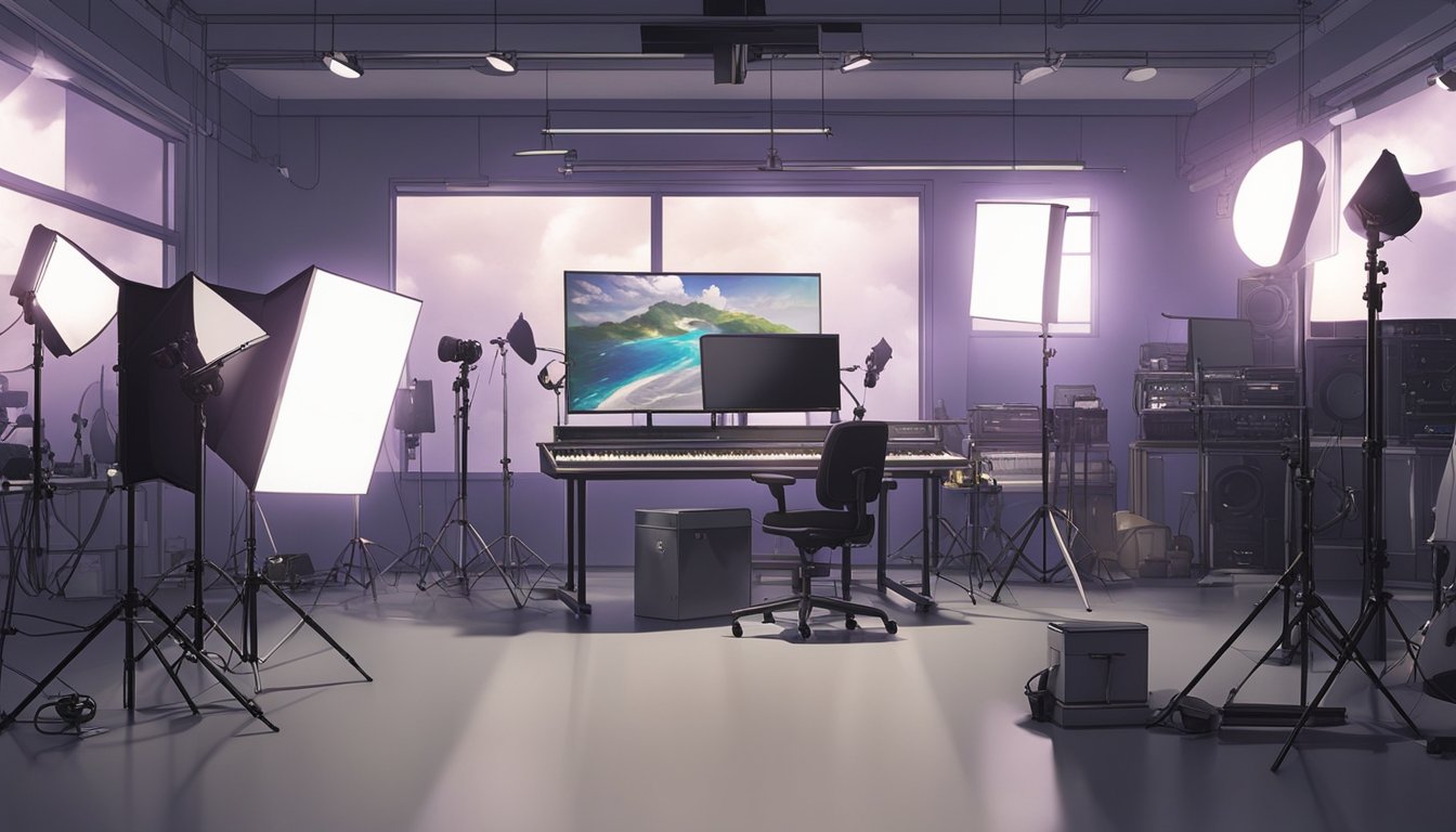 A studio with multiple lighting setups for various photography genres, including softboxes, umbrellas, and reflectors. Different techniques are being explored to enhance visual appeal