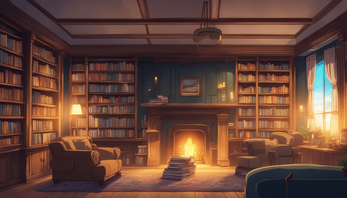 A cozy library with warm lighting, bookshelves filled with old tomes, and a crackling fireplace in the background