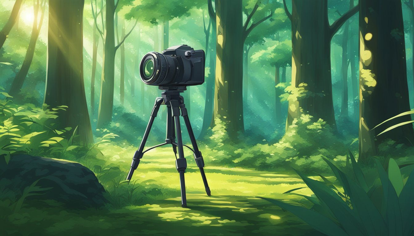 A camera on a tripod in a lush green forest, with sunlight filtering through the trees creating dappled shadows on the ground