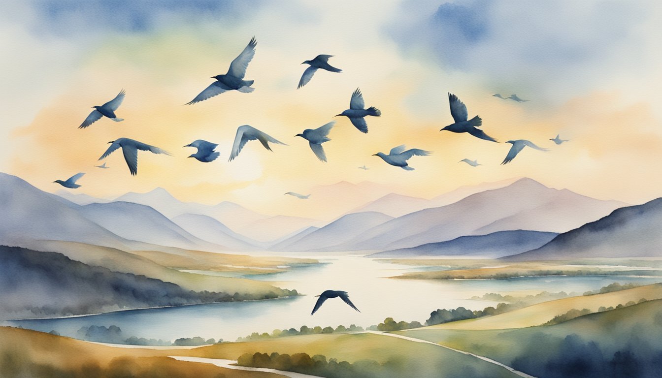 A flock of birds flying in a V-formation over a vast landscape with a river and mountains in the background