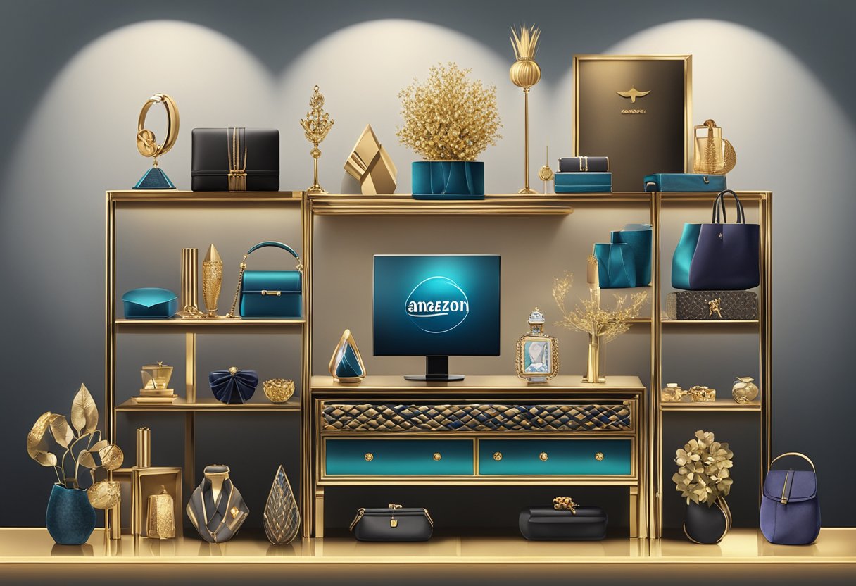 A display of 10 luxury items on a velvet-lined shelf with Amazon's logo in the background. Items include jewelry, electronics, and designer goods
