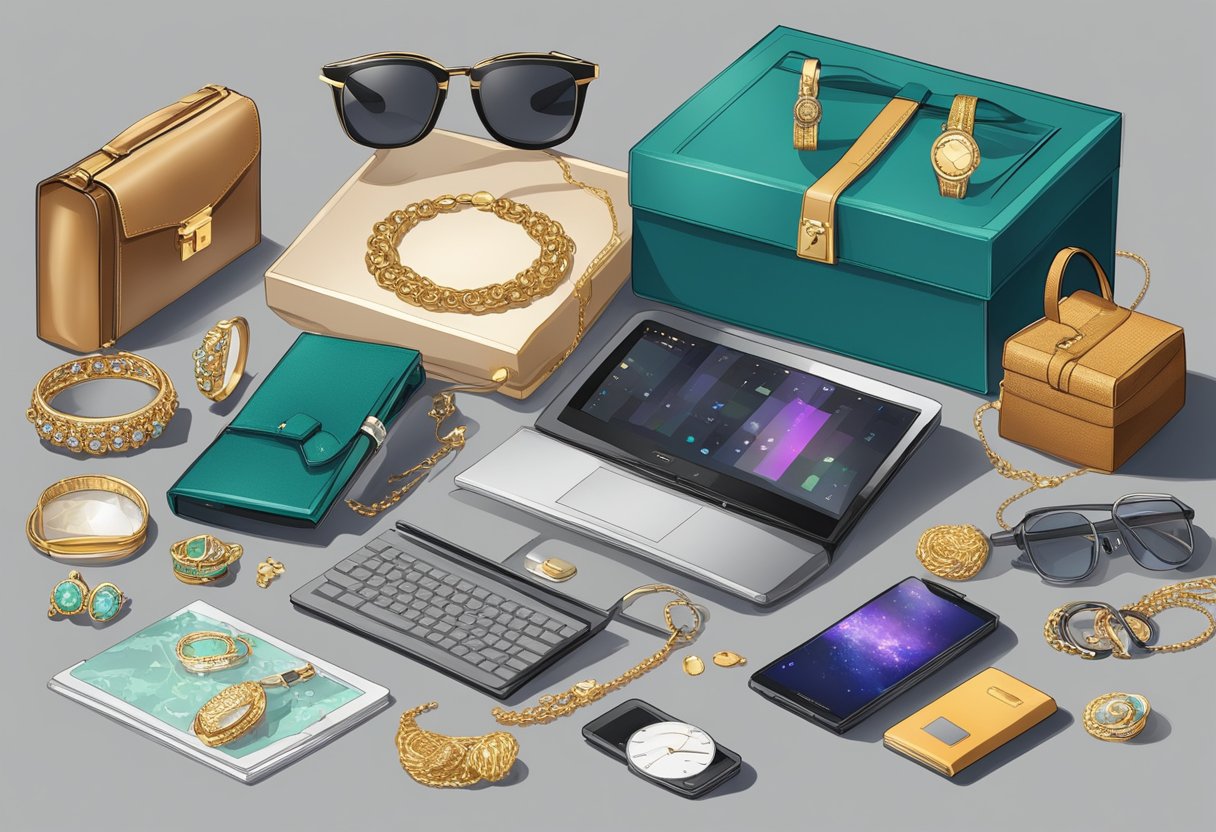 A pile of luxury items, including jewelry, electronics, and designer clothing, displayed against a backdrop of a rising price chart