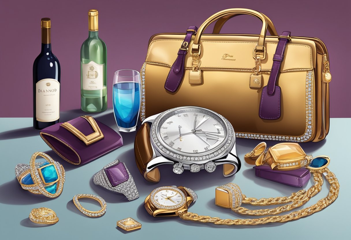 A table with 10 luxury items: a diamond-encrusted watch, designer handbag, rare wine, high-end electronics, and more