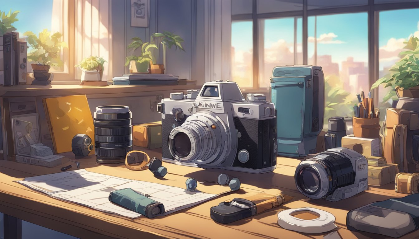 A camera sits on a table surrounded by various props and objects, each carefully chosen to convey a specific theme or concept. The lighting is soft, casting interesting shadows and highlights on the items