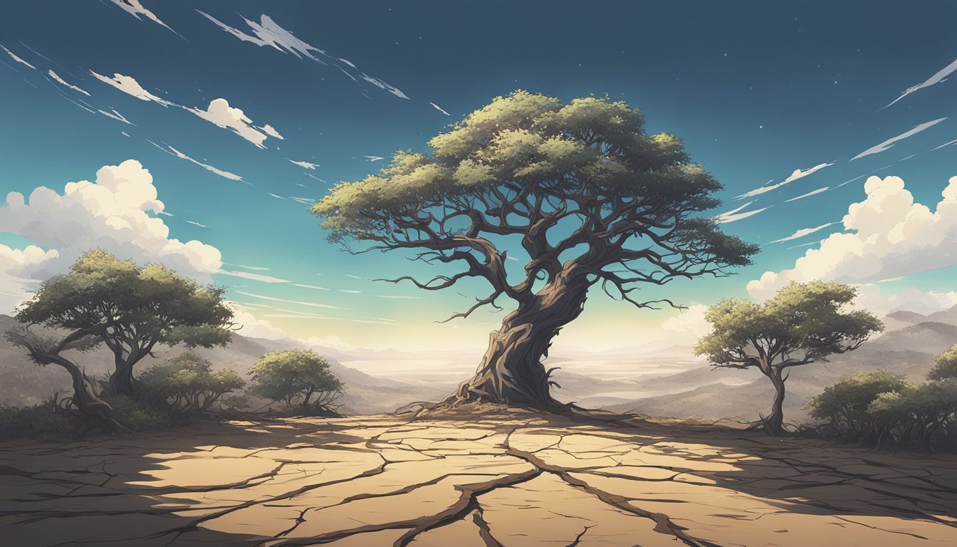 A lone tree stands in a barren landscape, its twisted branches reaching towards the sky. The ground is cracked and dry, with a sense of desolation and isolation