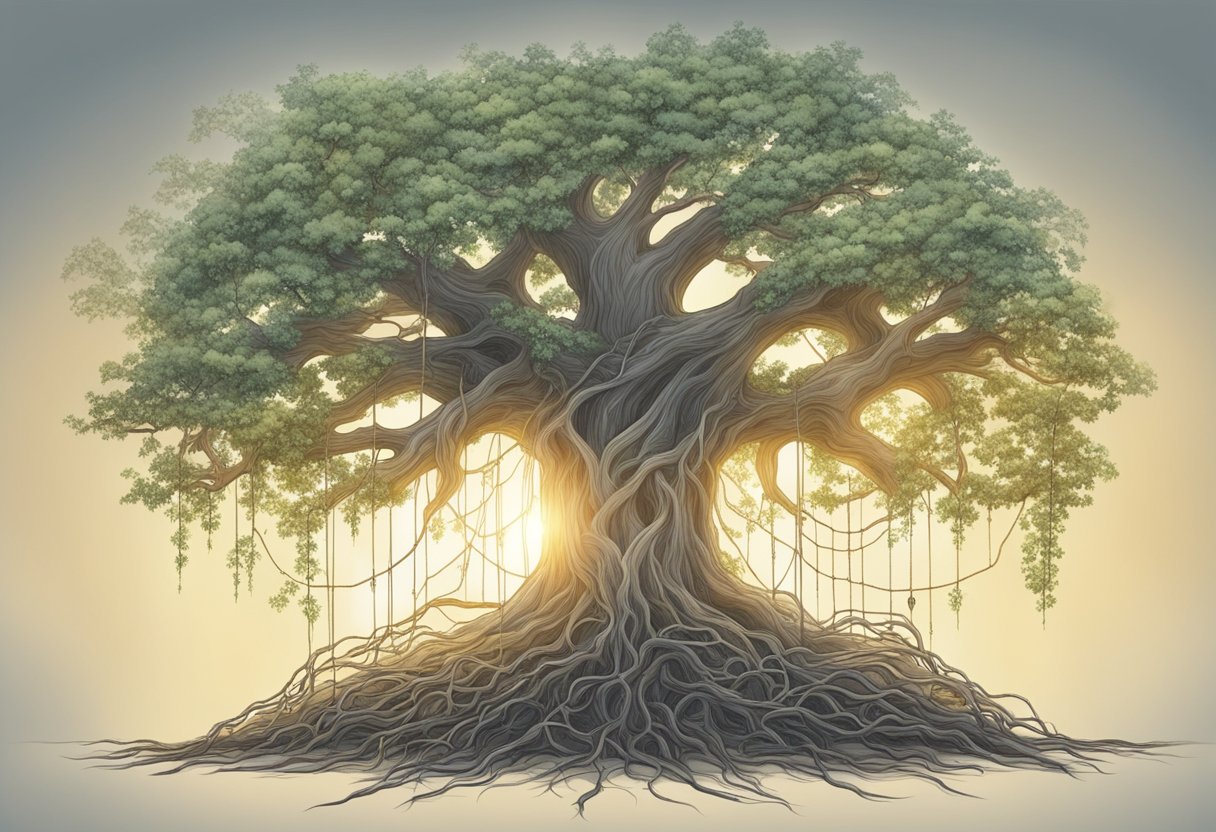 A family tree with roots entangled in chains, breaking apart as a beam of light shines through, symbolizing the breaking of generational poverty