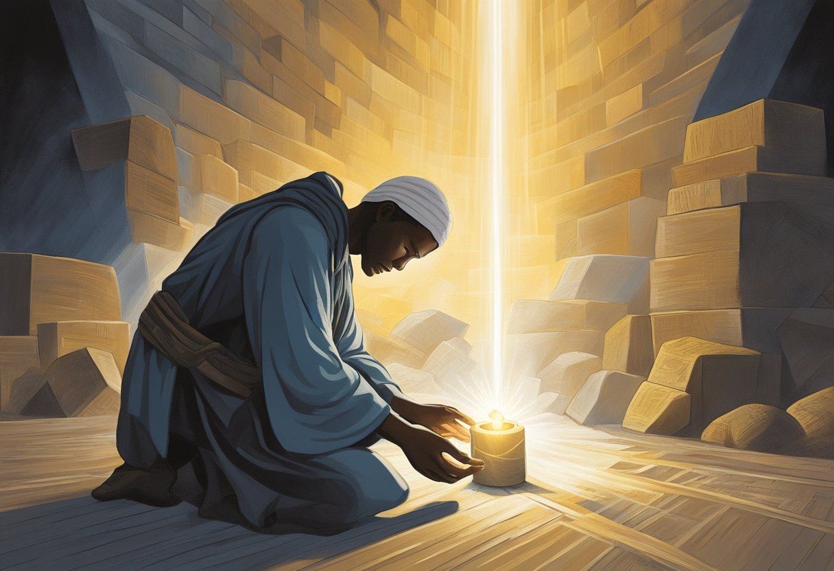 A figure kneels in a beam of light, surrounded by symbols of poverty. Rays of light break through the darkness, symbolizing the power of prayer to break generational cycles