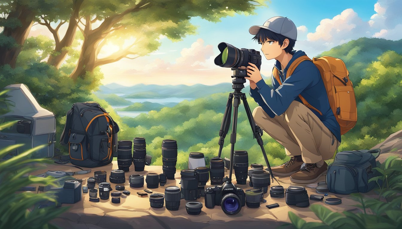 An outdoor photographer carefully selects gear, including camera, lenses, and tripod, for a photo shoot in a natural setting