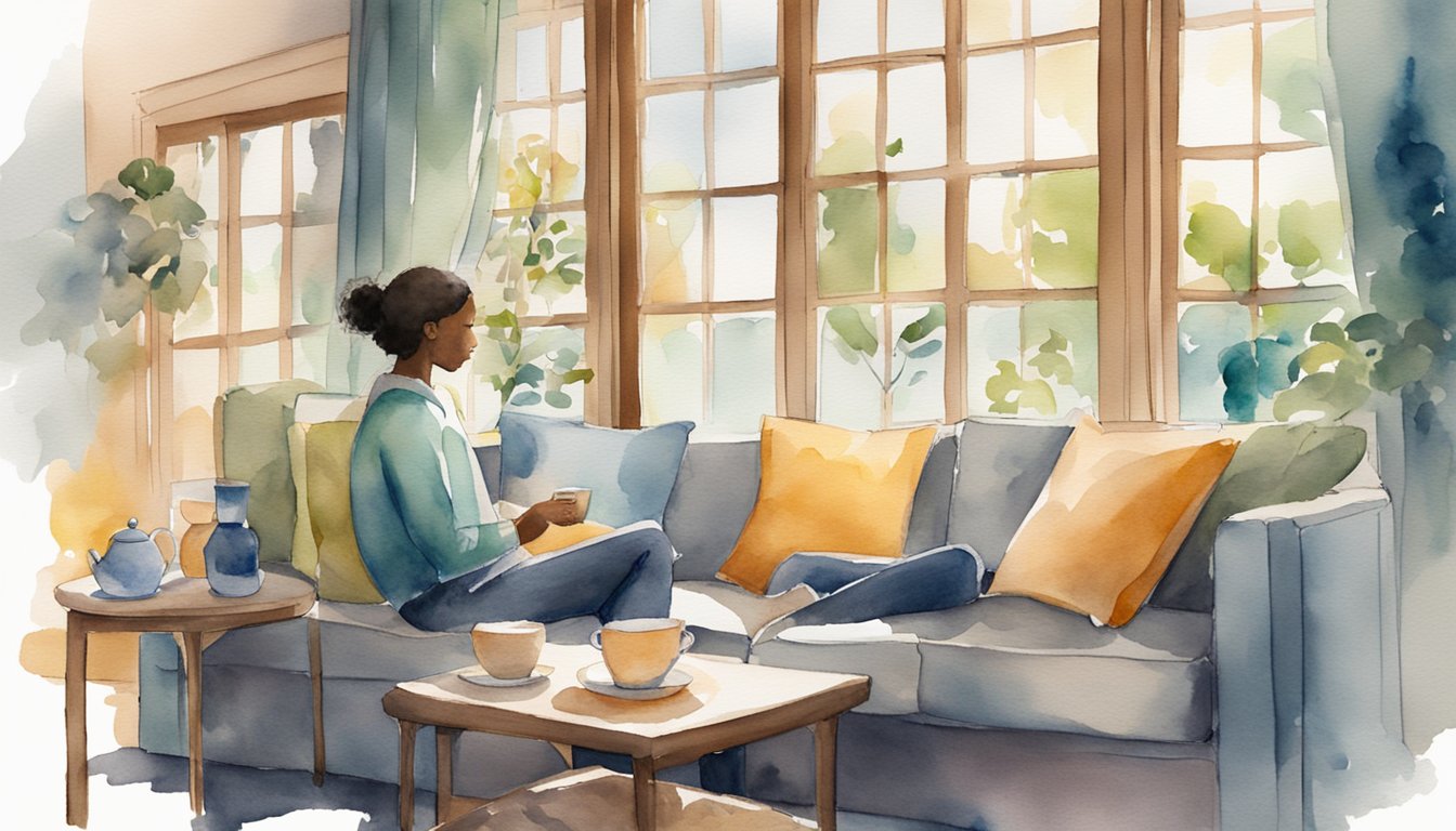 A person sits on a couch, breathing deeply, with a calming tea nearby.</p><p>A window lets in soft light, and a soothing playlist plays in the background