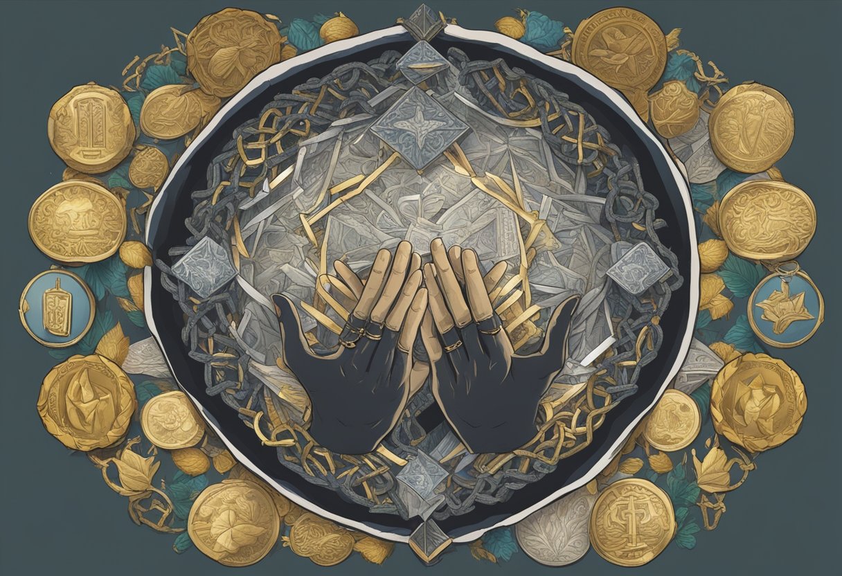 A pair of hands clasped tightly in prayer, surrounded by symbols of wealth and abundance breaking the chains of poverty