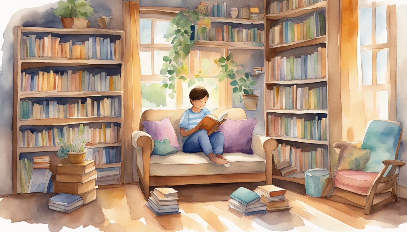 Children's books surround a cozy reading nook, with colorful illustrations and shelves filled with books.</p><p>A child sits engrossed in a story, while a parent reads aloud to another