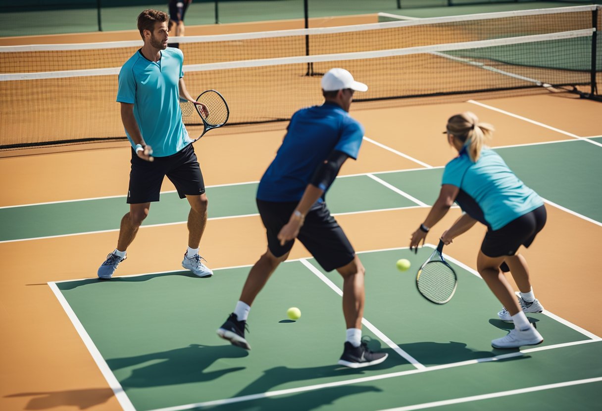 Players on a pickleball court, engaged in a fast-paced game, with a focus on movement and agility