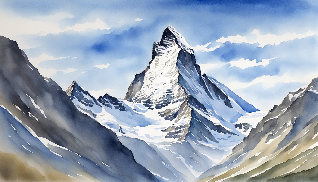 The iconic Matterhorn mountain rises majestically against a clear blue sky, its rugged peaks and snow-covered slopes creating a striking and dramatic silhouette