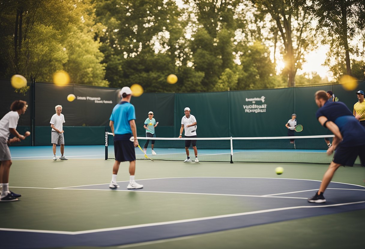 A pickleball court with players engaged in a game, surrounded by spectators and a banner reading "Weight Loss Fundamentals: Can I lose weight playing pickleball?"