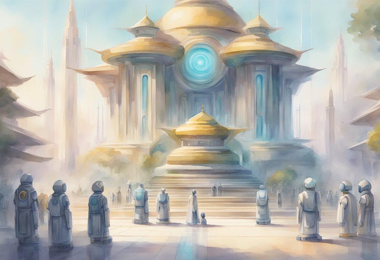 A futuristic temple with AI robots leading religious ceremonies and worshippers using digital devices for prayers