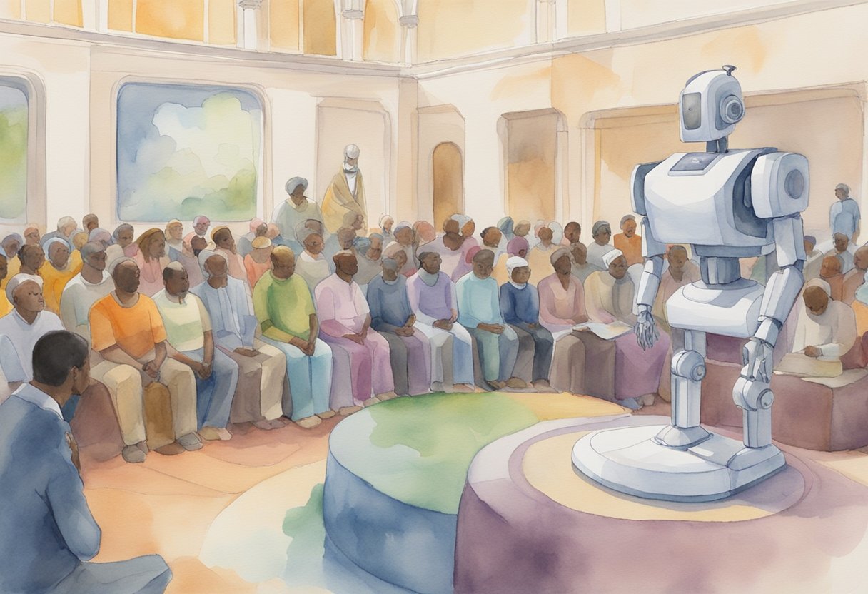 AI alters religious practices: a robot leads a prayer circle, while a congregation listens to a sermon delivered by an AI-powered speaker