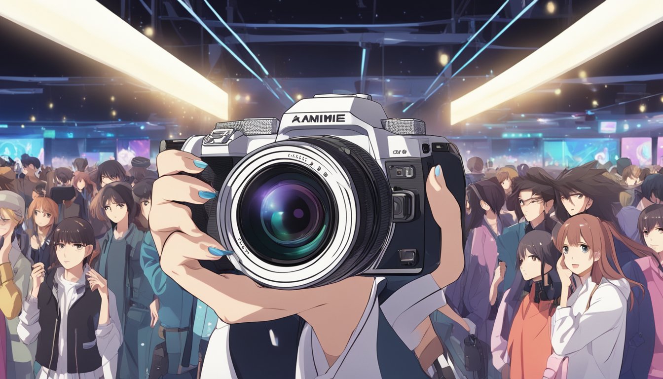 A camera with a long lens pointed at a fashion model on a runway, with bright lights and a crowd of people in the background