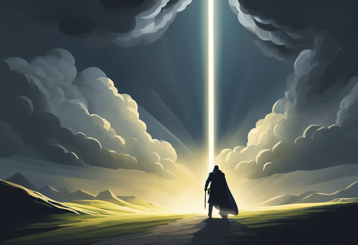 A powerful beam of light pierces through dark clouds, illuminating a path forward. Shadowy figures attempt to block the light but are pushed back by a forceful energy