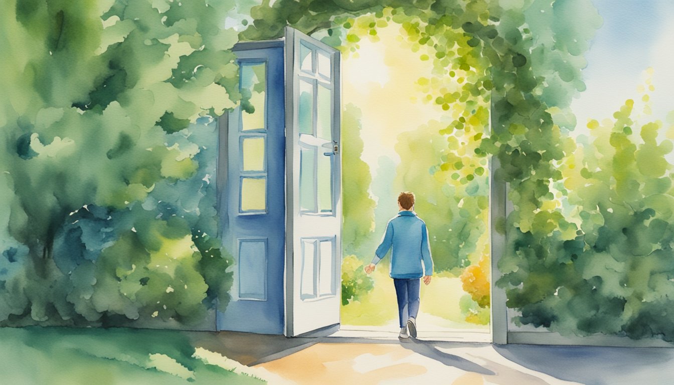 A person walks towards a bright, open door labeled "Treatment and Recovery." The sun is shining, and there are green trees and blue skies in the background