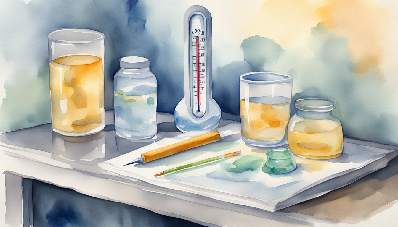 A thermometer displaying 99.1 degrees, a bottle of fever-reducing medicine, a cool compress, and a glass of water on a bedside table