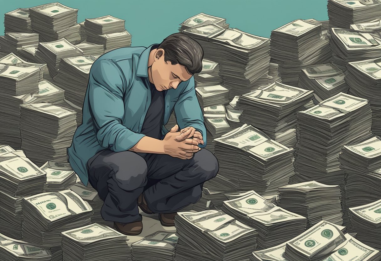A figure kneels before a towering pile of bills, hands clasped in prayer, surrounded by a sense of overwhelming financial burden