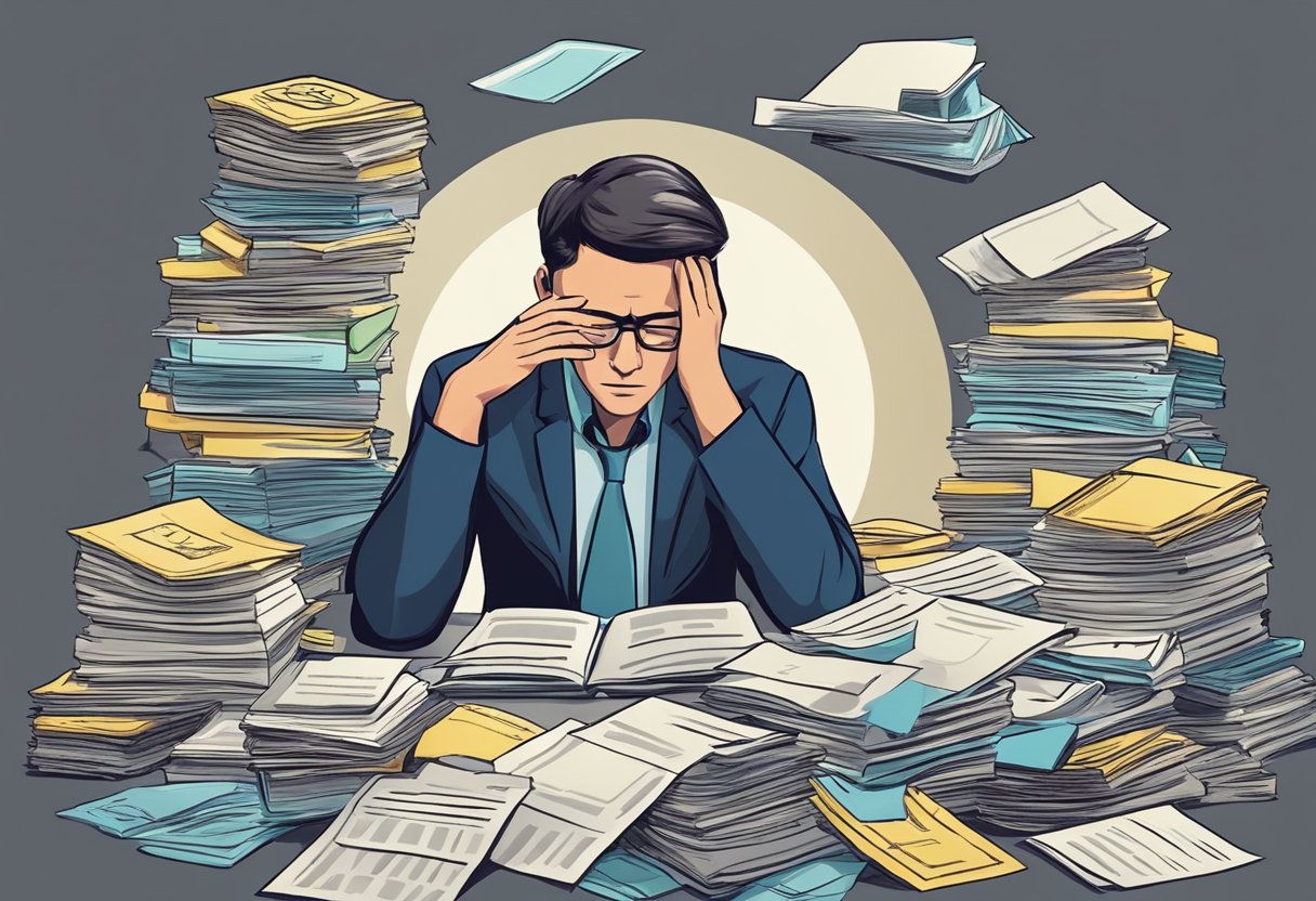 A person surrounded by financial documents and bills, with a look of worry on their face. They are praying fervently, seeking relief from the burden of debt
