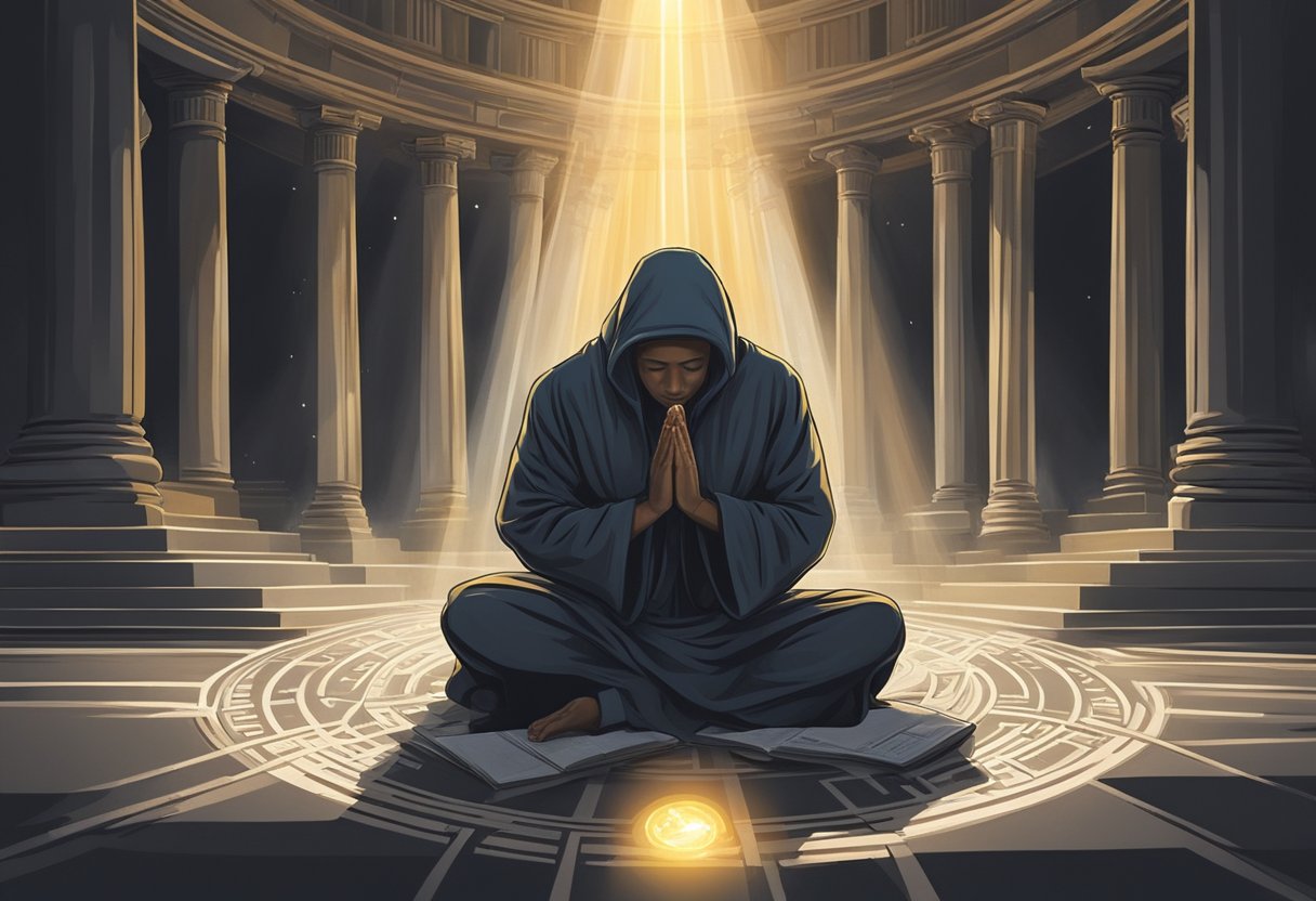 A figure kneels in prayer, surrounded by symbols of debt and financial burden. Rays of light break through the darkness, representing hope and divine intervention