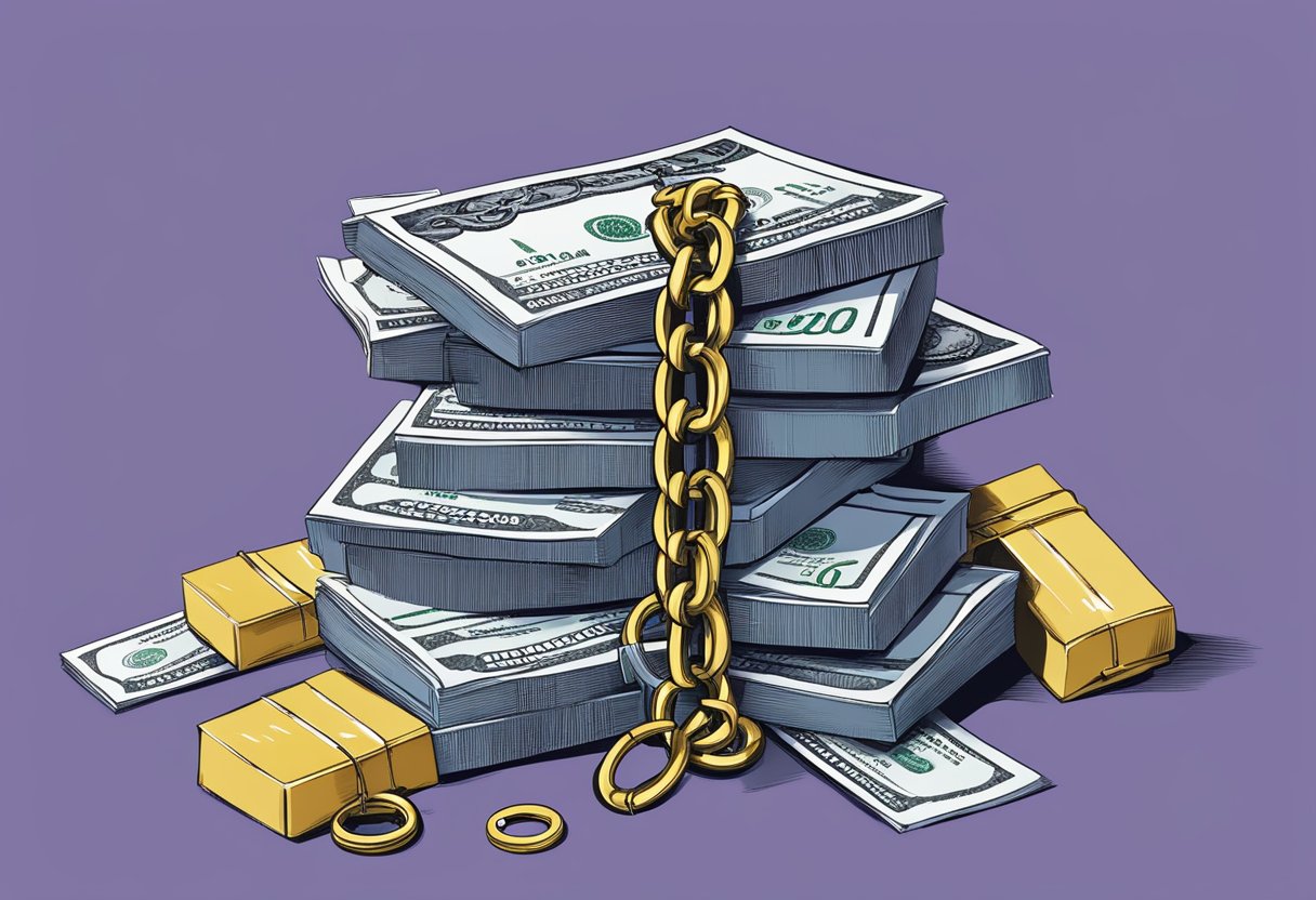 A stack of unpaid bills surrounded by chains, with a broken chain symbolizing freedom from debt