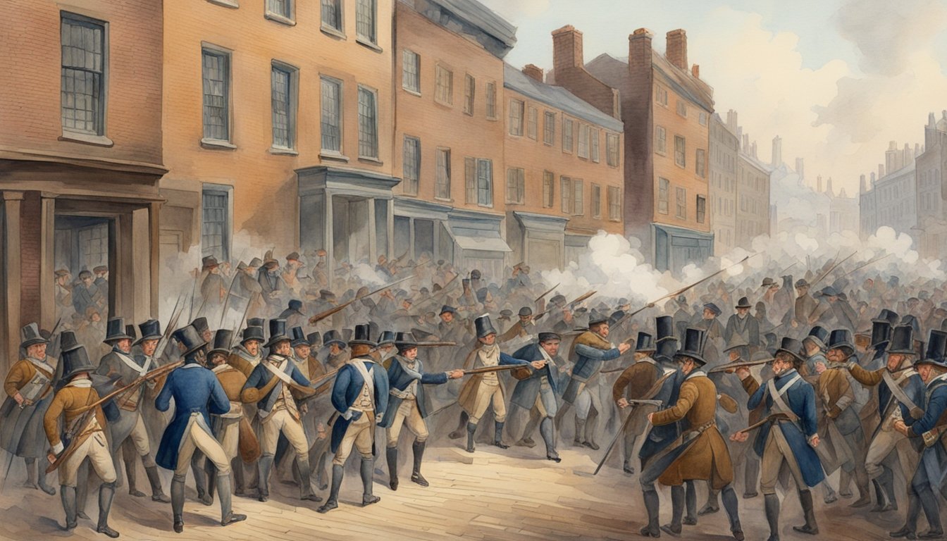 A crowd gathers in the streets of Boston, tension mounting as British soldiers face off against angry colonists.</p><p>Gunshots ring out, chaos ensues