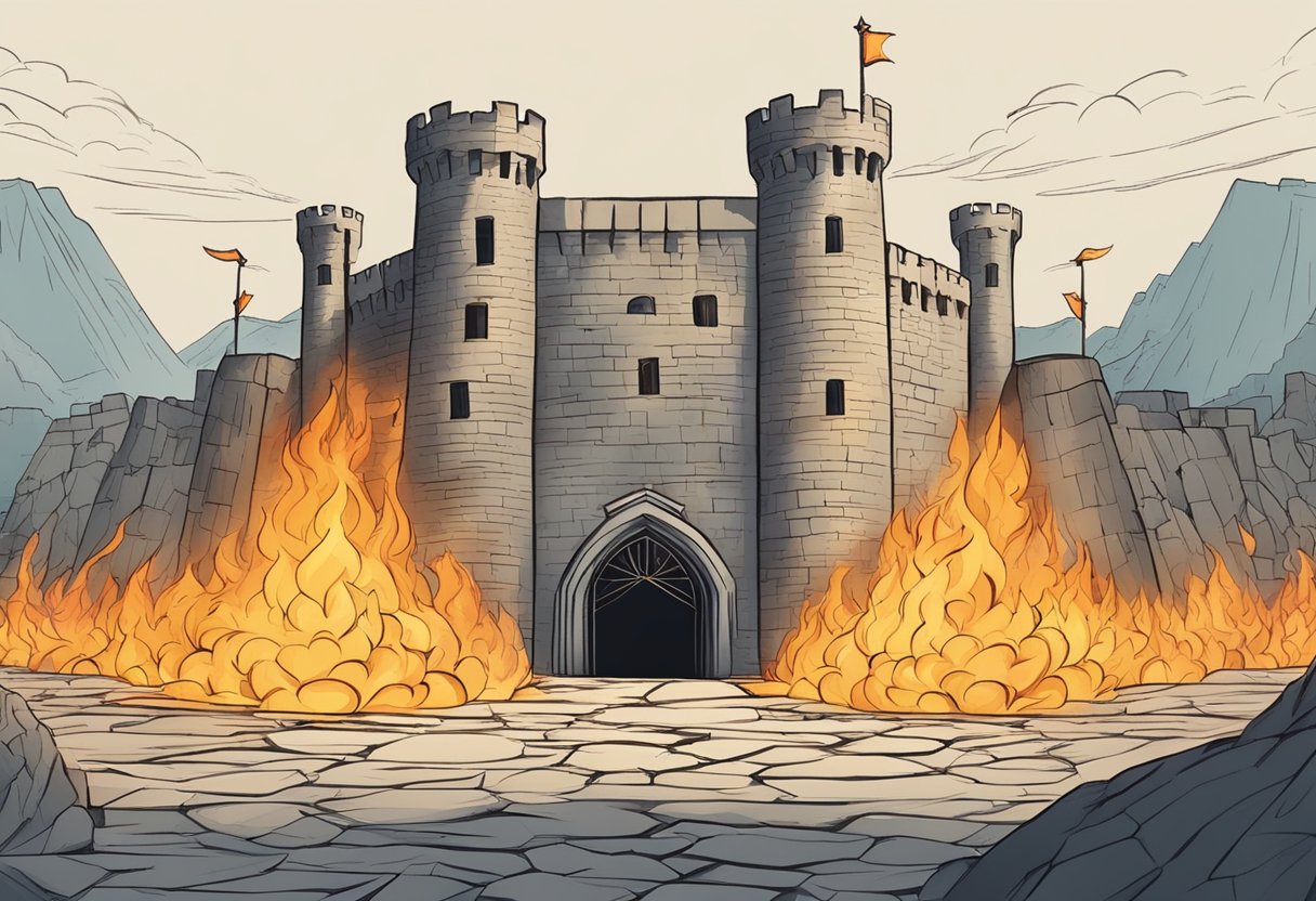 A shielded fortress surrounded by a wall of fire, with arrows and daggers bouncing off its impenetrable barrier