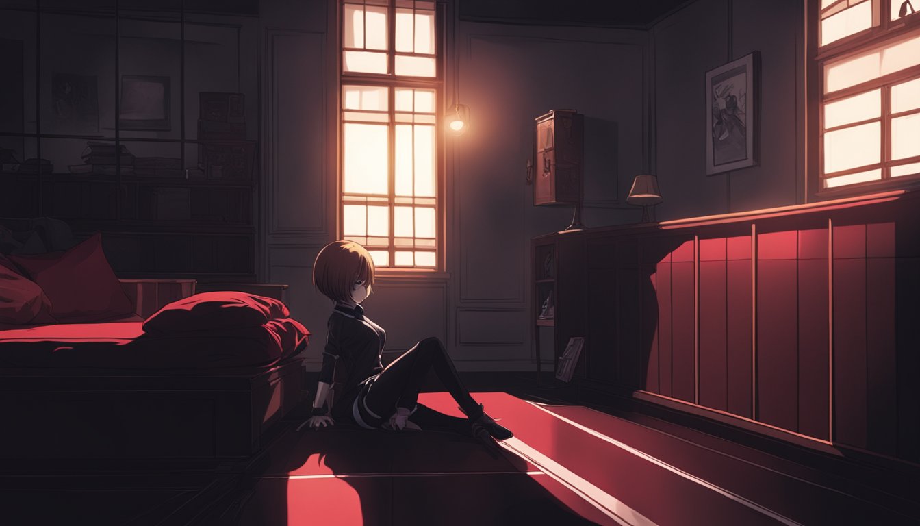 A dimly lit room with a single spotlight casting dramatic shadows on a sex doll. The doll is positioned in a seductive pose, with deep red and black color scheme to create a moody and visually striking image