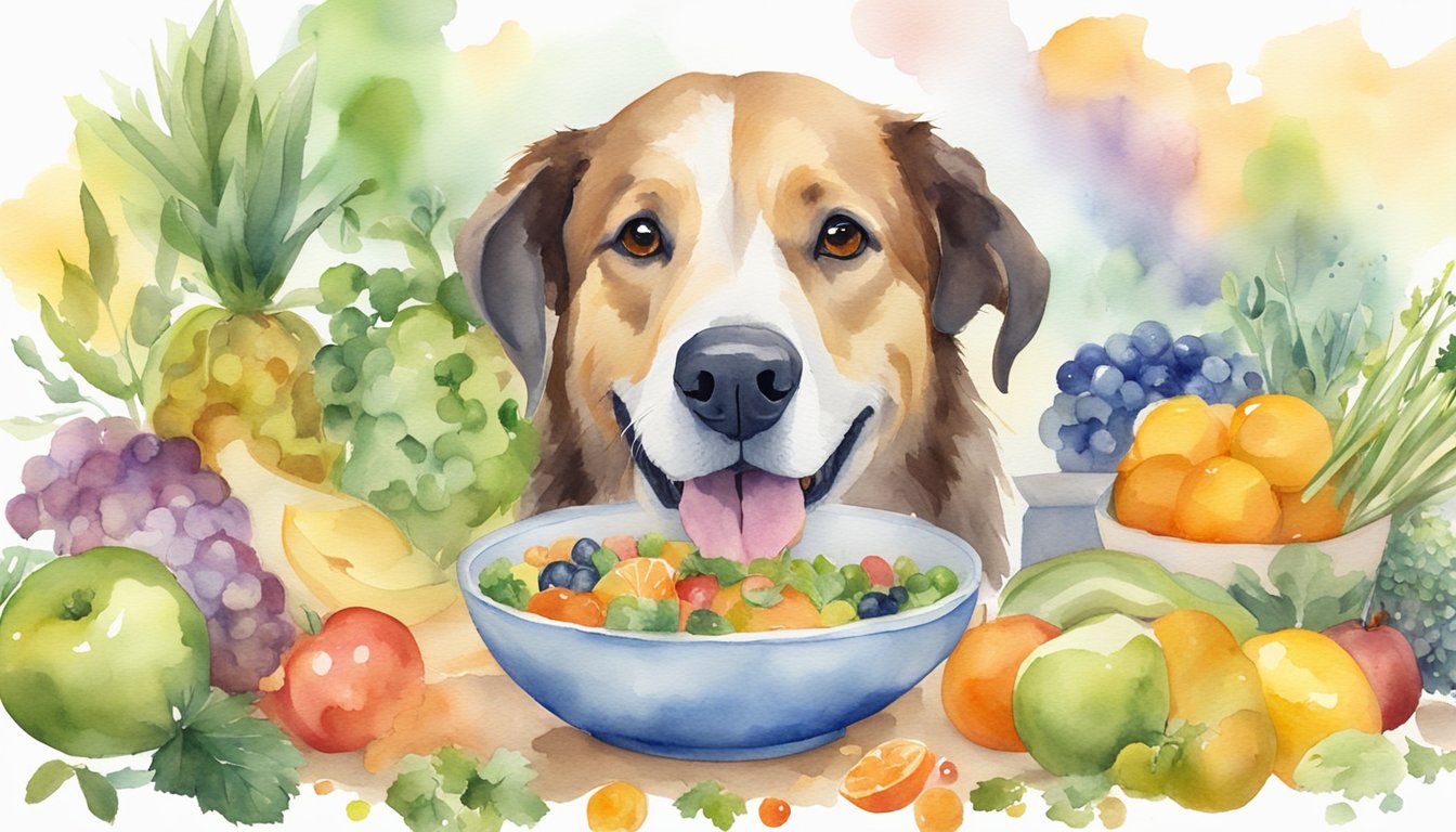 A senior dog happily eating from a bowl filled with essential nutrients, surrounded by vibrant and healthy ingredients