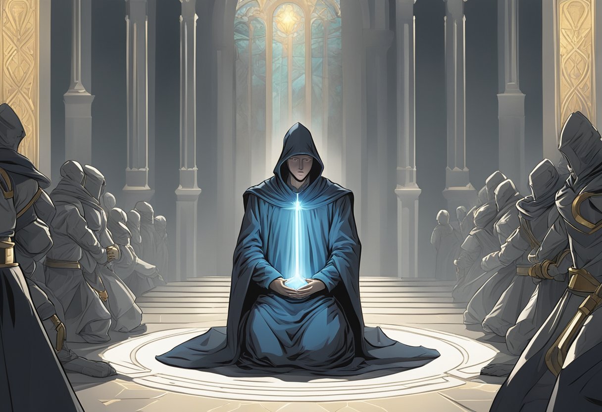 A figure kneels in prayer, surrounded by a glowing shield of protection, as envious enemies lurk in the shadows