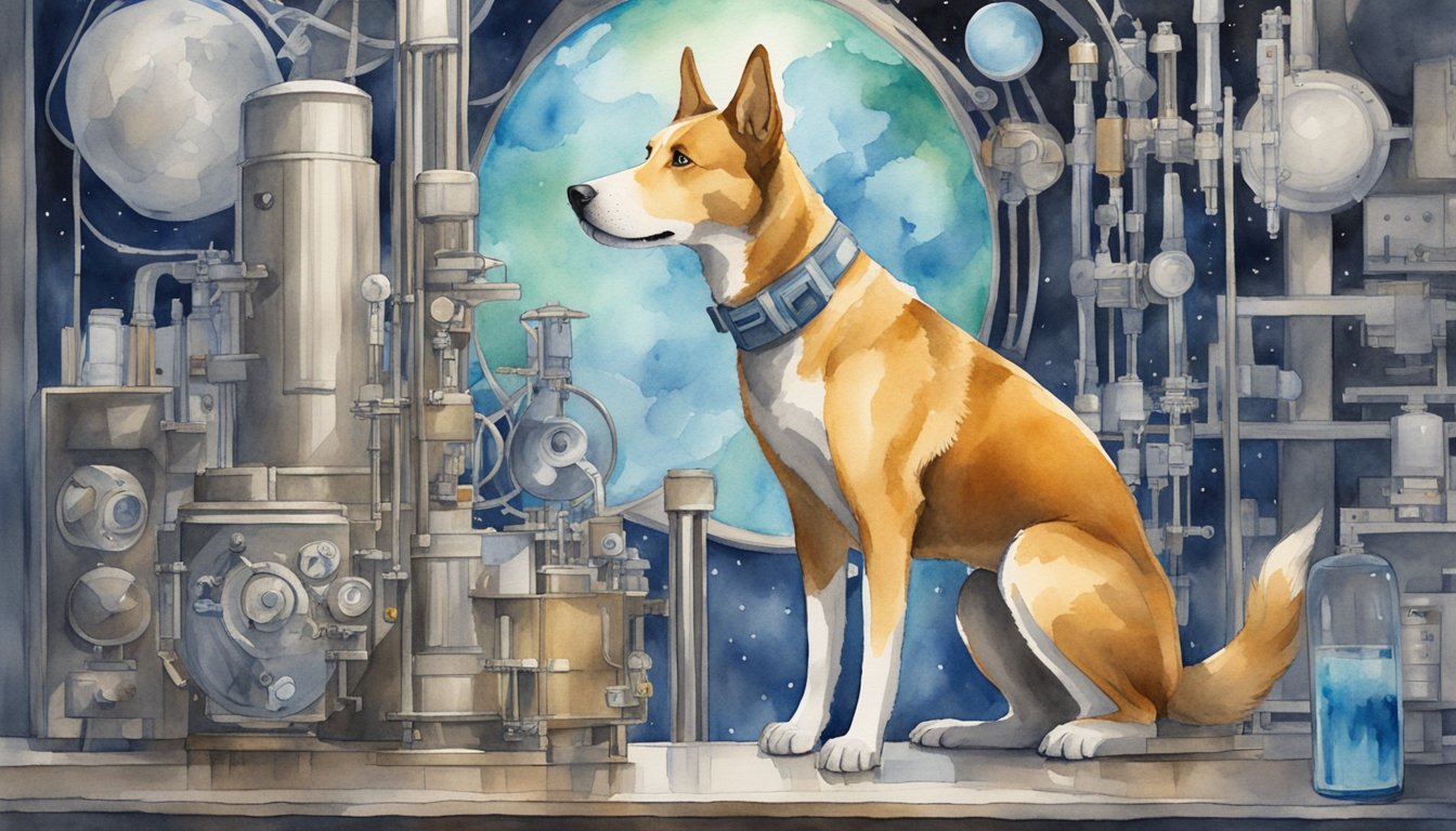 Laika, the space dog, stands proudly among scientific equipment, symbolizing her cultural and historical impact