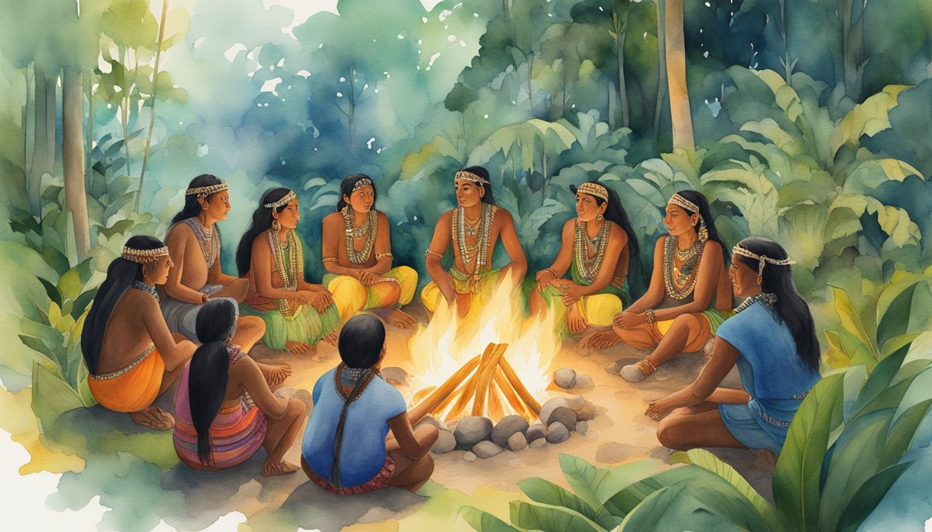 Vibrant Amazon tribes gather around a communal fire, adorned in colorful traditional attire, surrounded by lush greenery and exotic wildlife
