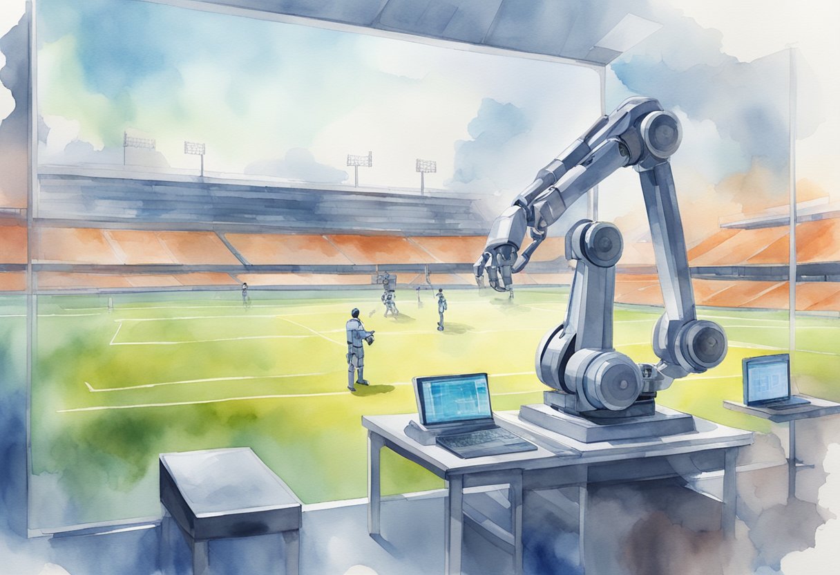 AI analyzing data on a digital screen, while a robotic arm tests equipment on a sports field