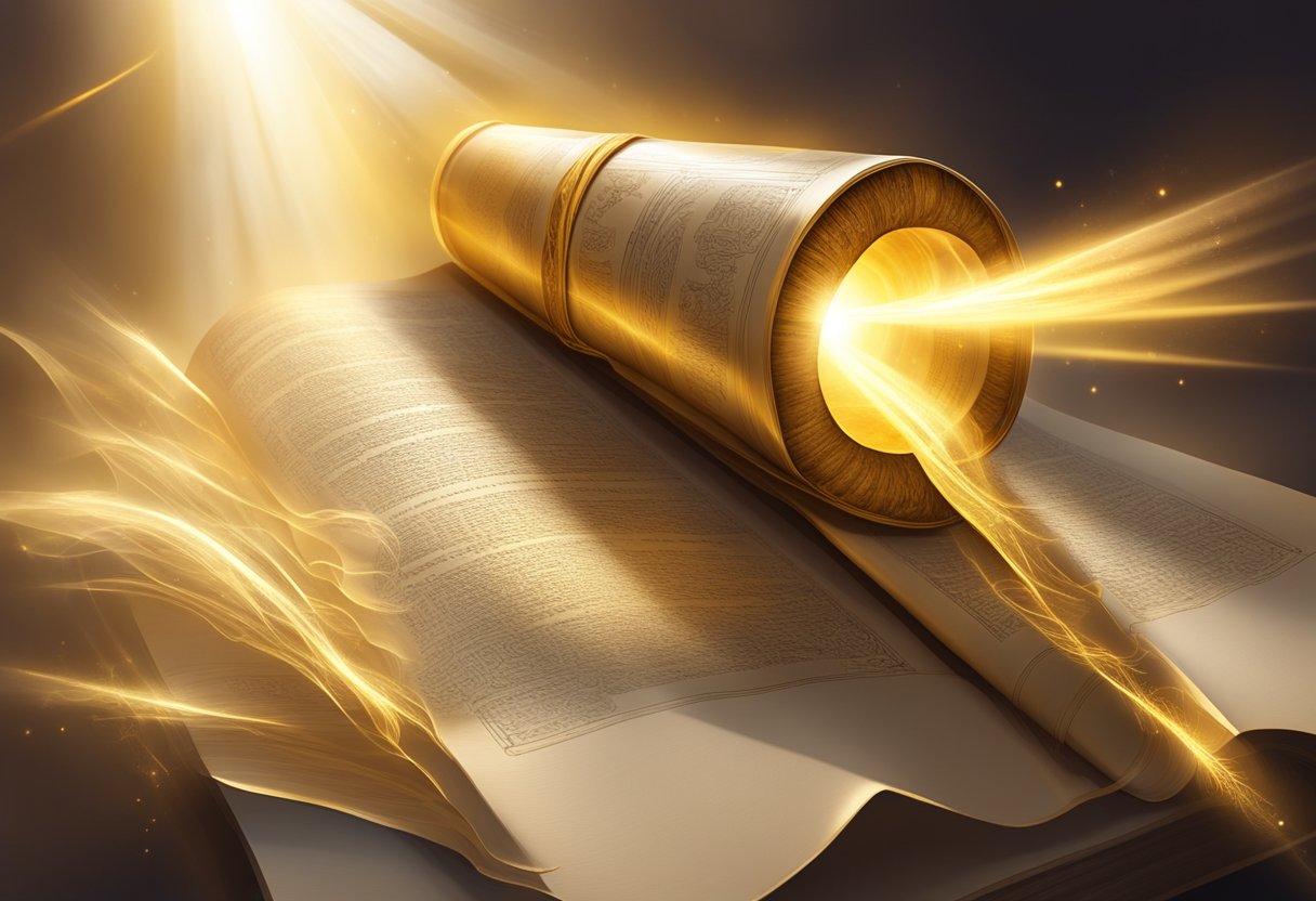 A golden beam of light shines down on a stack of ancient scrolls, with a glowing aura emanating from them. Symbols of abundance and prosperity are etched into the scrolls, radiating power and energy