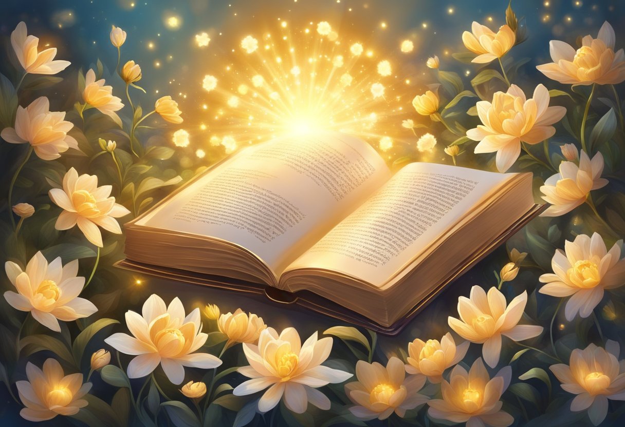 A glowing, golden light emanates from an open book, surrounded by blooming flowers and swirling energy, symbolizing the crafting of effective prayers for prosperity