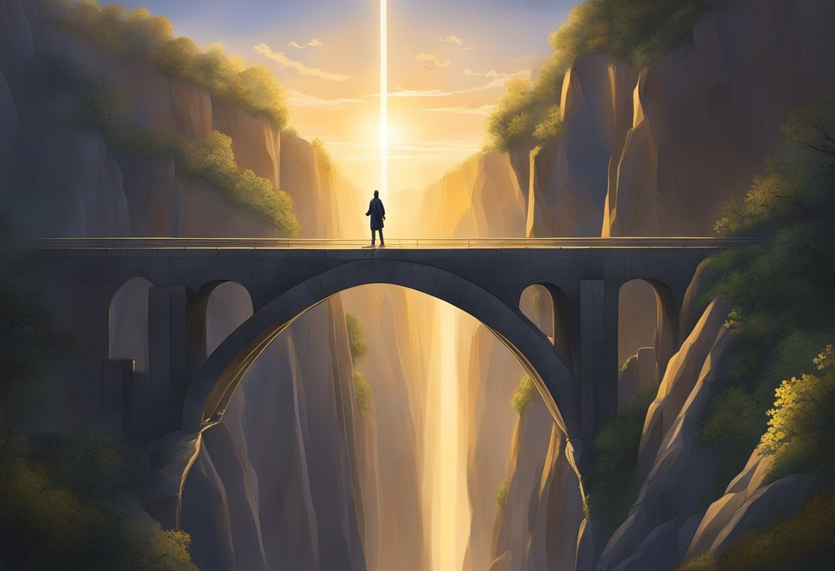 A figure stands at the edge of a chasm, reaching out towards a glowing light on the other side. A bridge made of prayer beads stretches across the gap, leading towards prosperity