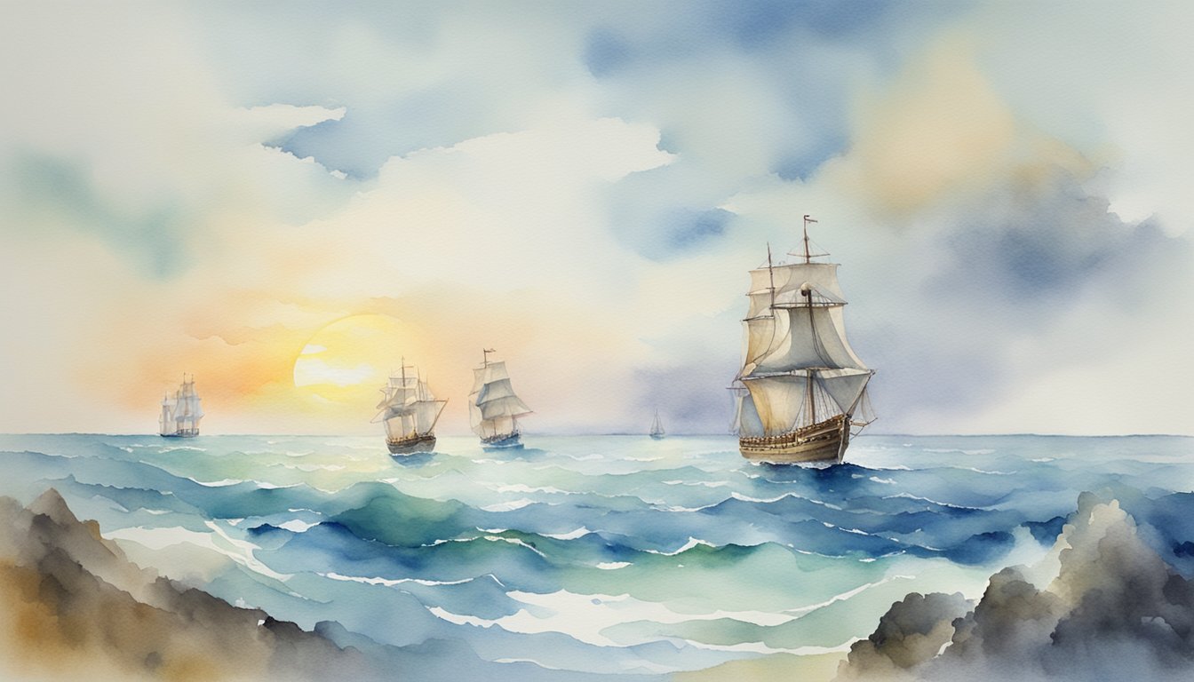 Ships sailing across vast ocean, land on distant shore, changing world forever