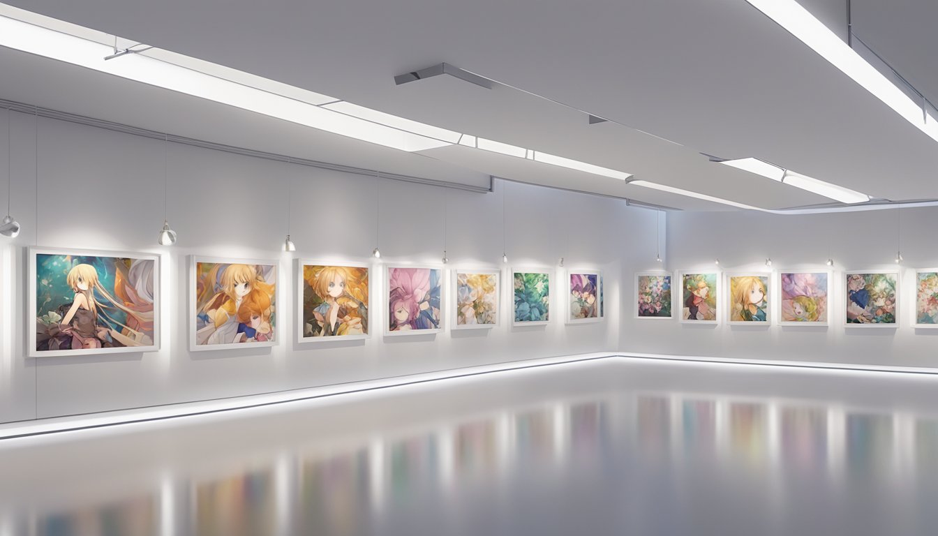 A gallery filled with various sex doll photography, displayed on sleek white walls under bright spotlights