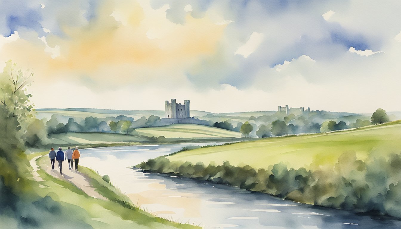 People walking along the River Boyne, passing by Trim Castle and the Hill of Tara, with the Navan Adventure Centre in the background