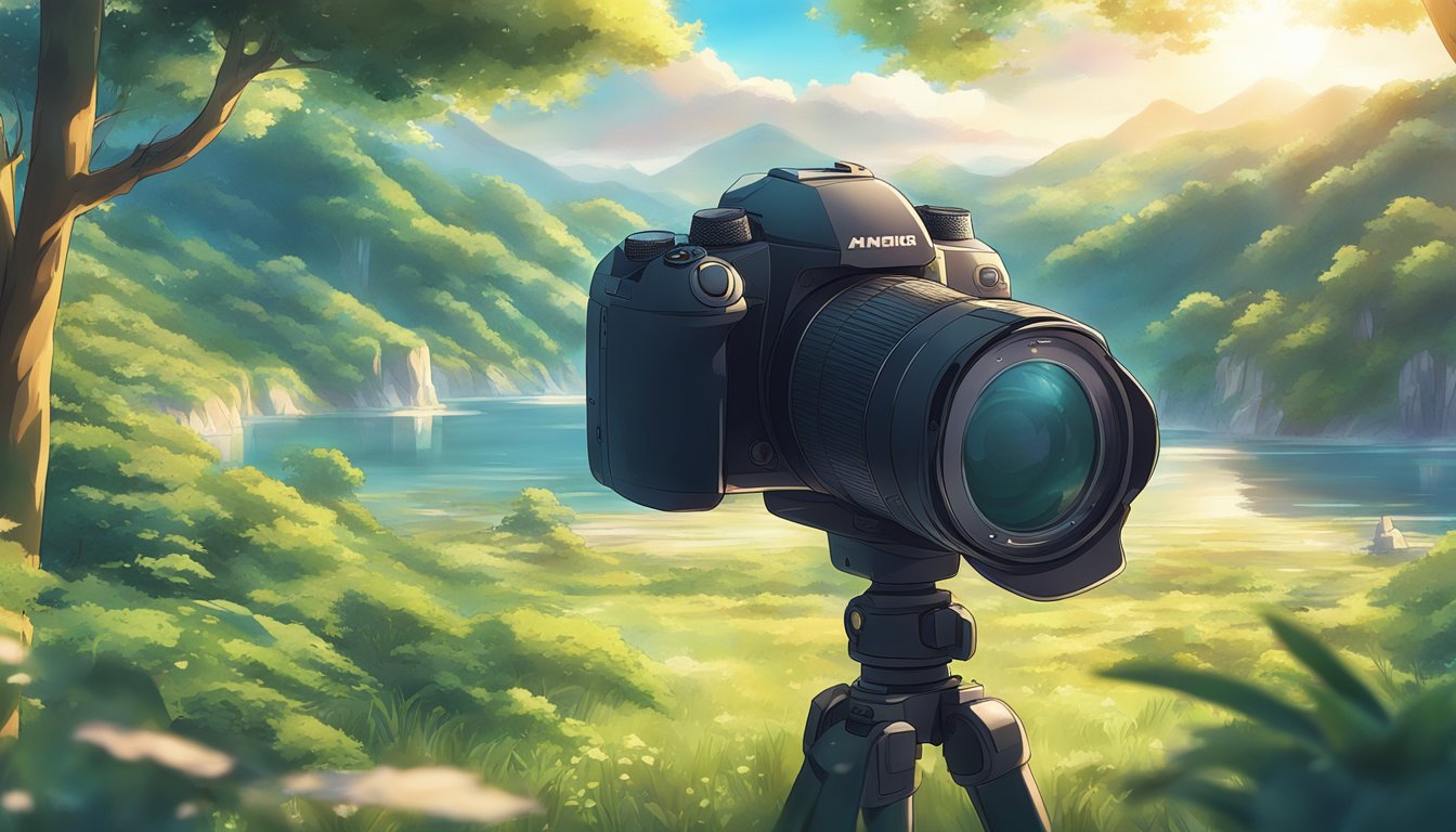 A camera pointed at a natural landscape, with soft lighting and a focus on capturing the beauty of the environment