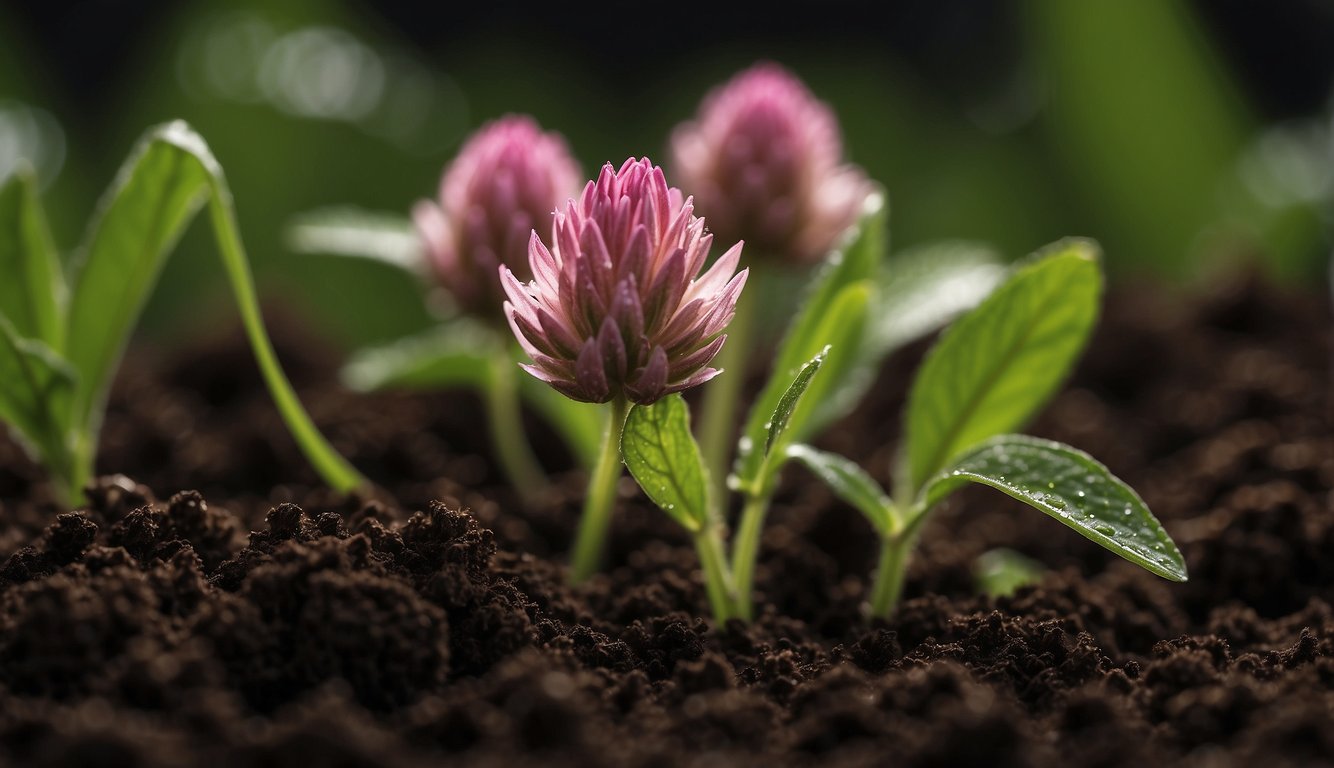 Red clover seeds are being carefully planted in rich, dark soil. Water droplets glisten on the leaves as the plants begin to sprout and grow