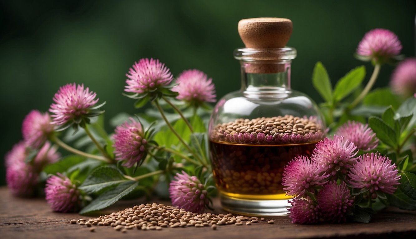 A glass jar filled with red clover seeds, surrounded by red clover flowers and leaves, with a bottle of red clover oil next to it